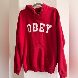Mens Preloved OBEY Red Sweatshirt with Hoodie